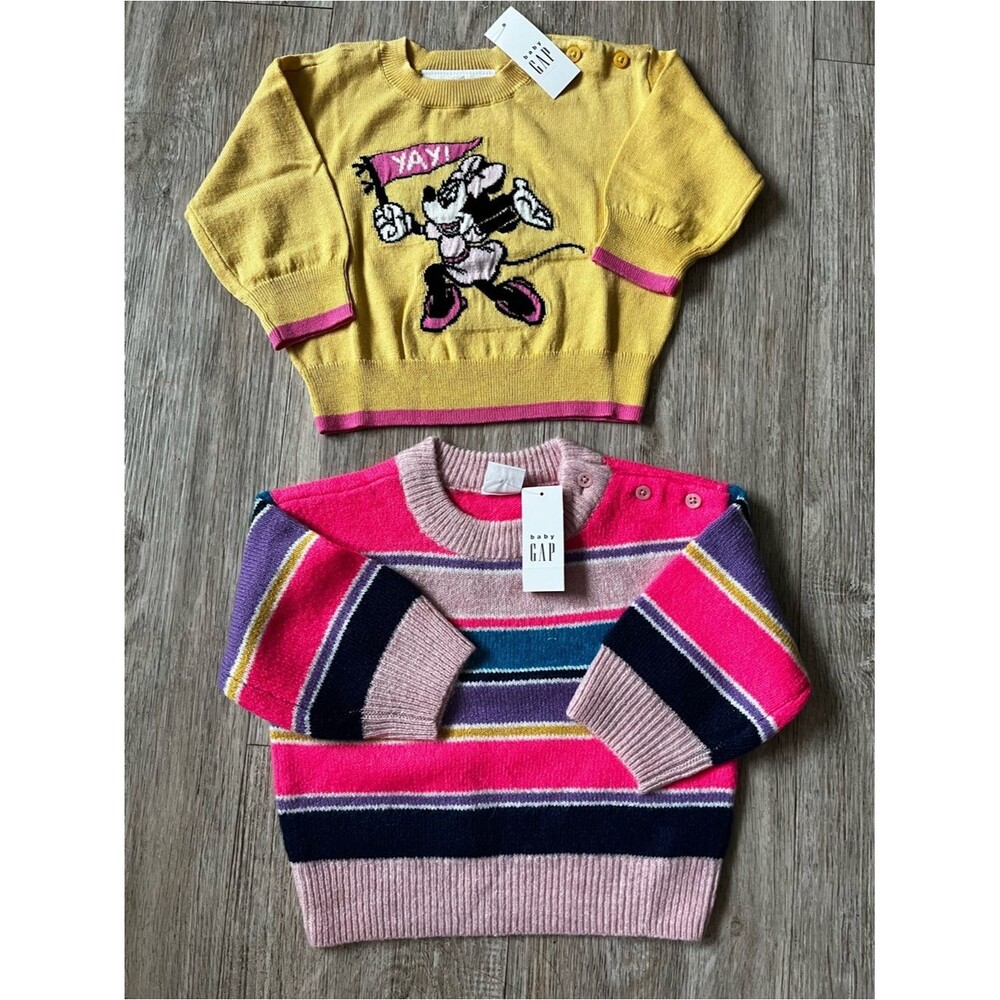 Bundle BabyGap Happy Stripe & Disney Minnie Mouse Intarsia Sweater Pink Yellow